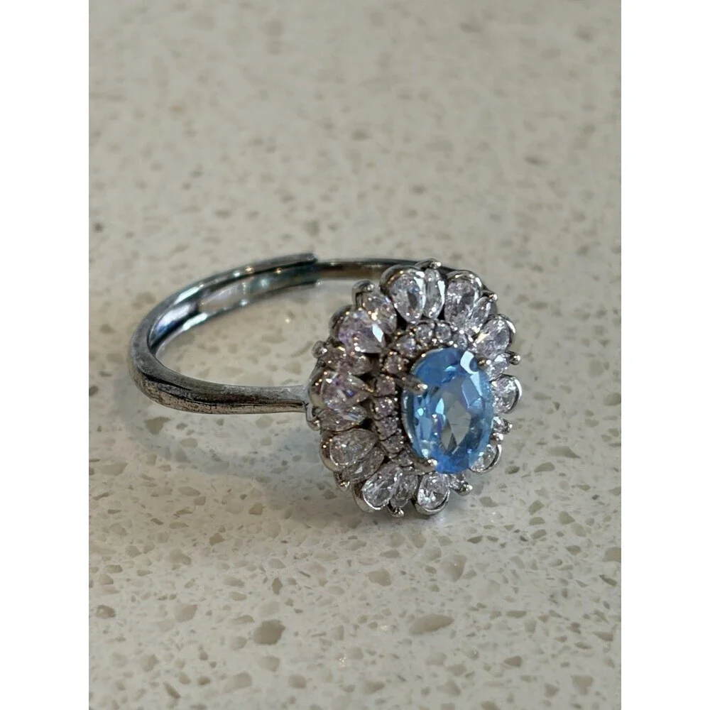 Oval Aquamarine Flower Ring Women's Ring 925 Sterling Silver Size 7A